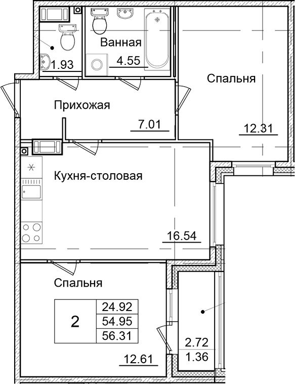 2-комнатная квартира 56.31 м², 9/9 эт., ЖК «Квартал Заречье»